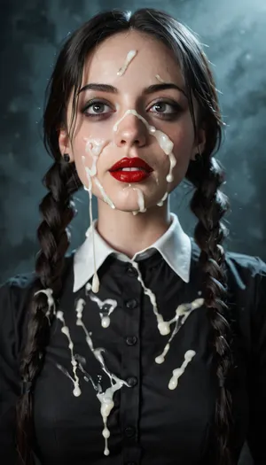 facing camara, 1 girl solo, spooky moonlit mansion in distance, (intricate detailed Wednesday Addams face), intensely proud expression, (huge dark eyes with detailed black iris:1.2), dark bllod red lipstick detailed high collar buttoned black gothic top, very long very thick black briaded pigtails hair, several strings of thick lumpy cum splashed across her face, (after extreme bukkake:1.5), cum on hair, (cum on pigtails:1.3), high detail, sharp focus, perfect lighting, awesome, dslr, 4k high quality. extra detail, extra sharp, magical, perfect moment, natural skin, pores