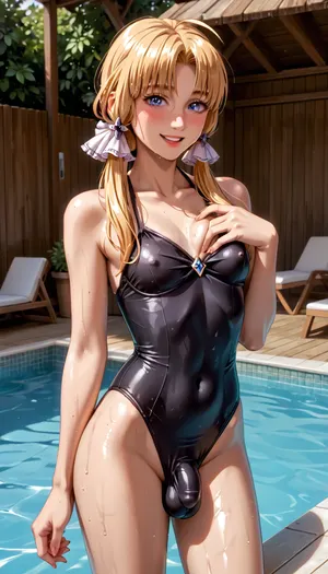 Trans, blond hair, pony tail, standing in relaxed pose, looks not at the viewer, skinny body, tight black swimsuit, thicc thighs, ((flaccid penis bulge in her swimsuit, penis bulge, a bit wet penis)), smiling, perky breasts, looking at viewer, solo, femboy, blush, trap, curvy body, one, breast, out, Trfut, flac-futa, flac-penis, photo, artwork, <lora:NEOTOKIOXL_0.2_RC:.9>, <lora:one breast out XL:1>, <lora:SDXLlora4flFut-000014:.8>