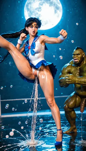 (animated painting:1.3), Sailor moon, face as usagi tsukino, sailor mercury, solo, detailed eyes, detailed pupils, large mouth, huge head, expressionless, white crotchless leotard, crotchless, big light blue ribbon on chest, light blue skirt, high kick, high kick pose, (kicking in the air:1.2), bow legs, four fingers one thumb, oiled skin, pink pussy, (fighting pose:1.2), pussy juice dripping, extreme squirting, (water bubble on the hands:1.3), (water bubble at hands:1.3), Huge full moon in the background, Terrible and frightening big massive orc fucks a woman, roast, torn clothes, fright, hair pulling, bent over, sexy clothes, high heels, shows pussy, looks around, man's cock shoots cum on pussy from behind, cum shot, full body view