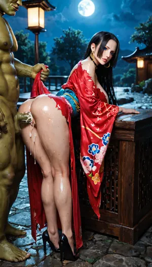 Boa hancock from one piece, kimono, wet body, oiled body, laying down sideways, sexy pose, steamy, moonlight, hard shadow, dark lighting, dimly lit, high detail, night, volumetric lighting, large breasts, long hair, reflective skin, choker, blue eyes, no texts, blushing, beautiful legs, uncovered shoulder, Terrible and frightening big massive orc fucks a woman, roast, torn clothes, fright, hair pulling, bent over, sexy clothes, high heels, shows pussy, looks around, man's cock shoots cum on pussy from behind, cum shot, full body view