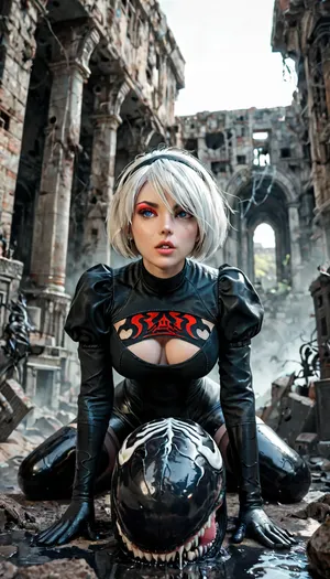 2B, white hair, short hair, black clothes, blue eyes, black hairband, yorha no. 2 type b, ruins, red eyeshadow, looking away, full body view being fucked by a huge Venom, <lora:267502_training_data:.5>