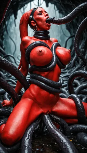 (realistic:1.5), beautiful sexy red skinned twilek girl, (violently gang banged by multiple black tentacles:1.4), vaginal penetration, anal penetration, oral penetration, hands restrained by tentacles, legs restrained by tentacles, neck grabbed by tentacles, ((exposed gigantic saggy perky breasts)), slender body, moaning, mouth opened, frowning, pain, agony, suffering, puffy nipples, (in a dark slimy cave with eerie light), Male, Twi'lek, Female, <lora:twi'lek:.8>