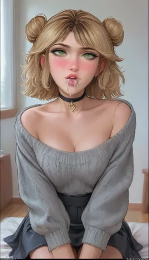 score_9, score_8_up, score_7_up, score_6_up, beautiful face, smirk, gigantic sagging natural breasts, natural breasts, overflowing high cleavage, brown hair, blonde bangs, split dyed hair, bangs, wide hips, tan skin, horny expression, full lips, medium length hair, green eyes, freckles, grey outfit, thick oversized knit sweater, school skirt, choker, low hanging pigtail, buns, braids, cum in mouth, aroma, ((aromasensei:1.3)), style anime, inspired illustration, ratatatat74, <lora:outline_xl_kohaku_delta_spv5x:.7>, <lora:cartoon_stickers_xl_v1:.5>, <lora:ratatatat74-000050:.9>, <lora:NEOTOKIOXL_0.2_RC:.4>, <lora:AshMilkshake_Illustrious_v1:.8>
