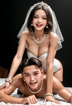 An ultra realistic, high detailed photo, black room, black background, (slender and slim latina futanari with black stocking and medium black bobcut hair on male), latina, (femdom, futa fuck white man analy, futa pegs male, doggy style), cumming, mega massive futa dick, mega big heavy black futa balls, gigantic breasts, perfect slender body, slim waist, tanned skin, massive milky breasts, big white pearl earrings, several fine gold and pearl necklaces, several fine gold and pearl bracelets, black eyes, brown eyes, full and plump red lips, looking at viewer, laughing, wet skin, oiled skin, cum covered, wedding clothes, bride, wedding, <lora:209970_training_data:.9>, <lora:287175_training_data:.9>