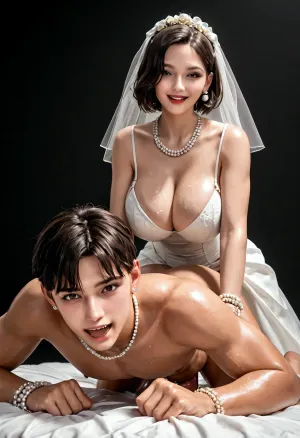 An ultra realistic, high detailed photo, black room, black background, (slender and slim latina futanari with black stocking and medium black bobcut hair on male), latina, (femdom, futa fuck white man analy, futa pegs male, doggy style), cumming, mega massive futa dick, mega big heavy black futa balls, gigantic breasts, perfect slender body, slim waist, tanned skin, massive milky breasts, big white pearl earrings, several fine gold and pearl necklaces, several fine gold and pearl bracelets, black eyes, brown eyes, full and plump red lips, looking at viewer, laughing, wet skin, oiled skin, cum covered, wedding clothes, bride, wedding, <lora:209970_training_data:.9>, <lora:287175_training_data:.9>