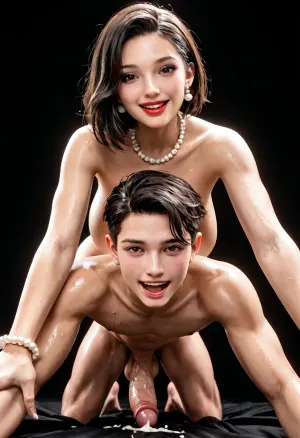 An ultra realistic, high detailed photo, black room, black background, (slender and slim latina futanari with black stocking and medium black bobcut hair on male), latina, (femdom, futa fuck white man analy, futa pegs male, doggy style), cumming, mega massive futa dick, mega big heavy black futa balls, gigantic breasts, perfect slender body, slim waist, tanned skin, massive milky breasts, big white pearl earrings, several fine gold and pearl necklaces, several fine gold and pearl bracelets, black eyes, brown eyes, full and plump red lips, looking at viewer, laughing, wet skin, oiled skin, cum covered, wedding clothes, bride, wedding, <lora:209970_training_data:.9>, <lora:287175_training_data:.9>
