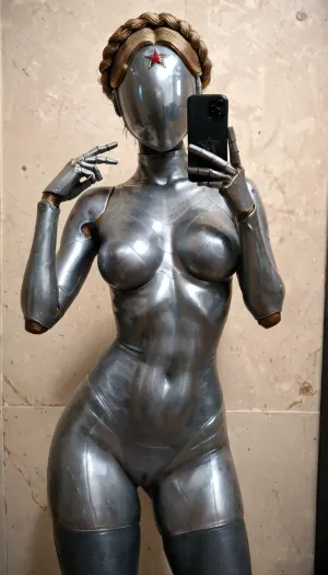(selfie), The twin, steel twin, twin atomic heart, atomic heart, The Girl of Steel, woman, robot, joints, blond, hair, thighhighs, redstar, on, forehead, show pussy made of steel, steel nipple, steel small perky breasts, thigh, gap, large, breast, reflexion, dark, chiaroscuro, low-key, Anime, Studio, Trigger, <lora:Twins1024:.8>, <lora:EnvyBetterHiresFixXL01:.8>, <lora:DisneySDXL-000014:.8>, <lora:zavy-cntrst-sdxl:.8>, <lora:studio_trigger_xl_v1:.8>
