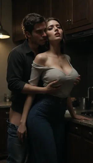 Night, dimly lit, kitchen, 1 man, 1 woman, (18 year old ebony housemaid pushed against fridge), (getting fucked from behind by man), (standing upright), (hair pull), (head tilted backwards), (breasts pushed against fridge), dynamic pose, rough sex, (his hand on her mouth), long braided black hair, perfect face, insanely beautiful face, (crying), looking terrified, ebony skin, hoop earrings, off-shoulder jeans jacket, lifted very tight minidress, (massive firm breasts), skinny, tiny waist, perfect narrow ass, panties pulled to the side, cock balls deep in pussy, waist shot, (view from the side), ultrarealistic, hd, hdr, <lora:dark:.8>