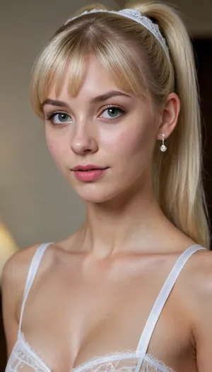 skinny blonde girl with large perky breasts, thin light blonde hair, (ponytail, short bangs), narrow white plastic headband, earrings, 21-years-old, shaved realistic innie pussy, white stocking with lace top, realistic detailed skin with moles and blemishes, realistic lighting, realistic detailed face, no makeup, tack sharp