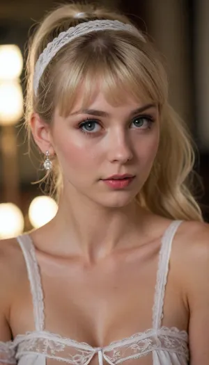 skinny blonde girl with very large perky breasts, thin light blonde hair, (ponytail, short bangs), narrow white plastic headband, earrings, 21-years-old, large roman nose, thin eyebrows, shaved realistic innie pussy, white stocking with lace top, realistic detailed skin with moles and blemishes, realistic lighting, realistic detailed face, no makeup, tack sharp