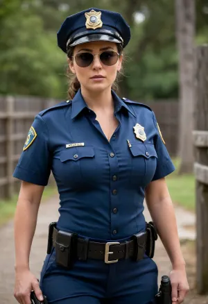female police officer, angular face, cheekbones, (cleavage), (((massive breasts))), (button strain), ((massive hips)), dark hair tied back, (tight police uniform), tight partially unbuttoned blue shirt, tight dark pants, police cap, sunglasses, holding a gun, walking, outdoor setting, wooden fence, expression of surprise or anger, mid-ground focus, detailed uniform, action pose, visible holster.