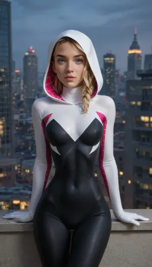 night, clear weather, (((18 years old))), (((young))), (spider girl Gwen Stacy), Braided side Side Cornrows Hair, (tight outfit), athletic body, hood on head, hip gap, (narrow waist:1.5), (blonde with pink strands), climbs to the roof of a high-rise building, New York day, ((pussy cameltoe:.6)), (wet tight bodysuit:1.3), hand, <lora:HandFineTuning_XL:1>, <lora:MGLRbodysuit_sdxl:.6>, <lora:uberfit_lora_sdxl:.4>, 1girl, ((bends over))