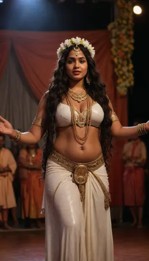 ((sweaty wet oiled skin)), (((curvy thick 32 year old bengali indian Haitian Algerian woman with wavy long tied hair wearing traditional priestess Hindu goddess outfit in stage performance party on stage in college house setting))), with african tourists holding her at night sweating a lot and getting wet, (uneven skin tone, curvy athletic body), ((jewelries magazine title cover page, sweaty wet skin covered in flowers and milk and carnage edition)), Kerala college stage program, cinematic style photo effects