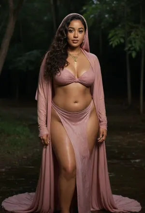 ((sweaty wet oiled skin)), (((curvy thick athletic build 42 year old mixedrace Bengali Algerian woman with wavy long tied hair wearing goddess gown with islamic hijab outfit))), in stage performance party in forest house setting, with african tourists holding her at night sweating a lot and getting wet, (uneven skin tone, curvy athletic body), ((jewelries magazine title cover page, sweaty wet skin covered in flowers and milk and carnage edition)), wilflife program, cinematic style photo effects