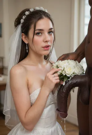 interracial, (((she's shows off her wedding ring finger))), giant black penis, (ultra detail cum texture), realistic cum, realistic black penis, Only cum, ((very thick and sticky cum)), (dripping cum), ((bridal stuff)), ((cum splashed and dripping from the bridal bouquet)), lots of cum, unreal amount of cum! The bouquet is full and drenched in cum, a very big black cock, cum from the black cock is squirting heavily., perfect, eyes, skin, blemish, detailed, proposal, <lora:polyhedron_all_sdxl-000004:.8>, <lora:proposal_XL_v1:1.4>