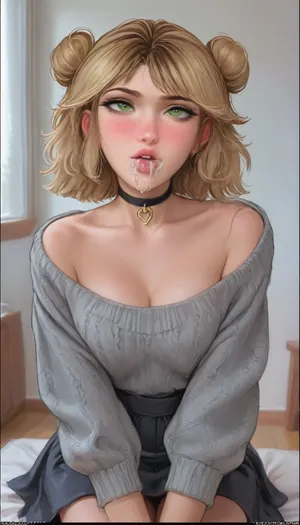 score_9, score_8_up, score_7_up, score_6_up, beautiful face, smirk, gigantic sagging natural breasts, natural breasts, overflowing high cleavage, brown hair, blonde bangs, split dyed hair, bangs, wide hips, tan skin, horny expression, full lips, medium length hair, green eyes, freckles, grey outfit, thick oversized knit sweater, school skirt, choker, low hanging pigtail, buns, braids, cum in mouth, aroma, ((aromasensei:1.3)), style anime, inspired illustration, ratatatat74, <lora:outline_xl_kohaku_delta_spv5x:.7>, <lora:cartoon_stickers_xl_v1:.5>, <lora:ratatatat74-000050:.9>, <lora:NEOTOKIOXL_0.2_RC:.4>, <lora:AshMilkshake_Illustrious_v1:.8>