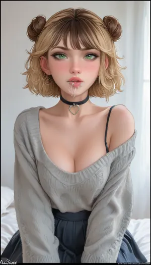 score_9, score_8_up, score_7_up, score_6_up, beautiful face, smirk, gigantic sagging natural breasts, natural breasts, overflowing high cleavage, brown hair, blonde bangs, split dyed hair, bangs, wide hips, tan skin, horny expression, full lips, medium length hair, green eyes, freckles, grey outfit, thick oversized knit sweater, school skirt, choker, low hanging pigtail, buns, braids, cum in mouth, aroma, ((aromasensei:1.3)), style anime, inspired illustration, ratatatat74, <lora:cartoon_stickers_xl_v1:.5>, <lora:ratatatat74-000050:.9>, <lora:AshMilkshake_Illustrious_v1:.8>
