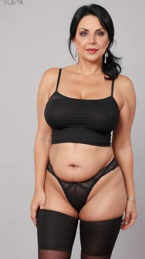 Fat 65 year old milf, dark black gray hair, light eyes, wide hips, chubby belly, saggy breasts, drooping, narrow waist, tt_saggy, tt_flat, fupa, <lora:tt_saggy:.5>