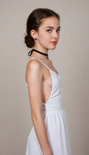 Photo in the middle of the frame, ((slender woman)), young girl with, (medium silicone artificial breasts:1.4), depicting a happy erotic model, detailed skin, small black necklace, collar Over-detailed photo, (in a light thin sundress with thin straps), side view, (extremely sexually detailed and beautiful face:1.4), fabulous makeup, shiny lips focused on the face, laura, "Slender woman, 1.5"