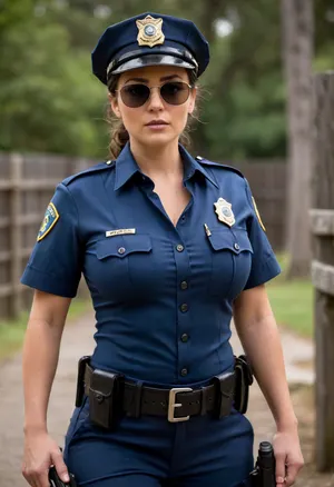 female police officer, angular face, cheekbones, (cleavage), (((massive breasts))), (button strain), ((massive hips)), dark hair tied back, (tight police uniform), tight partially unbuttoned blue shirt, tight dark pants, police cap, sunglasses, holding a gun, walking, outdoor setting, wooden fence, expression of surprise or anger, mid-ground focus, detailed uniform, action pose, visible holster.
