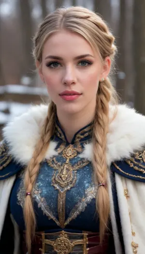 A fiercely proud Nordic girl stands, her presence exuding unwavering strength. Her blonde braids cascade down her back, framing a face marked by determination and resilience. This stunning portrait captures her piercing blue eyes, reflecting the icy landscapes of her homeland. The intricate details of her embroidered Viking armor and fur-lined cloak speak of her warrior spirit. This high-quality painting seamlessly combines power and grace, drawing the viewer into the captivating story of a fierce Nordic warrior princess. body manipulations, divine proportion, non-douche smile, gaze into the camera, holographic shimmer, whimsical lighting, enchanted ambiance, soft textures, imaginative artwork, ethereal glow, silent Luminescence, whispering Silent, iridescent Encounter, vibrant background, full body, (((rule of thirds))), high quality, high detail, high resolution, (bokeh:2), backlight, (long exposure:2)