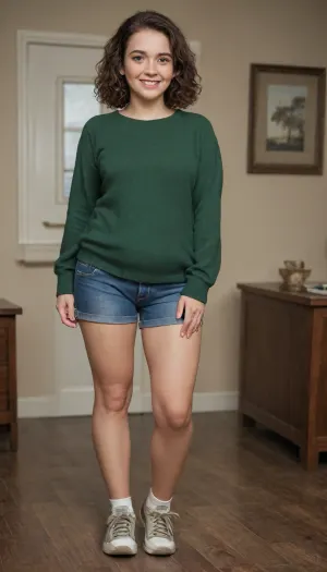 shy 28 year old woman, full body shot, (smiling), (highly detailed facial expression), (shabby room with cheap desk:1.1), ((well-built figure with slightly chubby legs)), (normal upper body), (short girl), (short brown wavy hair), (curly bobcut), (short dark brown hair), ((standing insecurely)), small breasts, flat chest, (dark green cashmere pullover:1.1), (dark green jumper), (emerald pullover), (wearing blue jeans and sneakers), (well-built upper body)