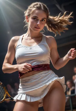 Peter Paul Rubens Style, A Peter Paul Rubens painting of a woman tennis player. in the 20century. She's wearing a white tennis player's costume with a short pleated skirt., (white panties are visible), She jumped up and raised her racket to serve the ball.., skirtlift, <lora:Peter Paul Rubens Style:.6>, <lora:skirtlift_xl:.7>