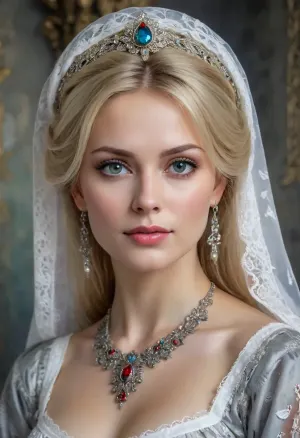 Portrait of a Russian beauty milf, (blonde. gray eyes, medium breasts), in national costume, lace filigree of bright, rich color. Super clear, highly detailed watercolor, glaze technique, plus colored alcohol ink, style of V. Vasnetsov