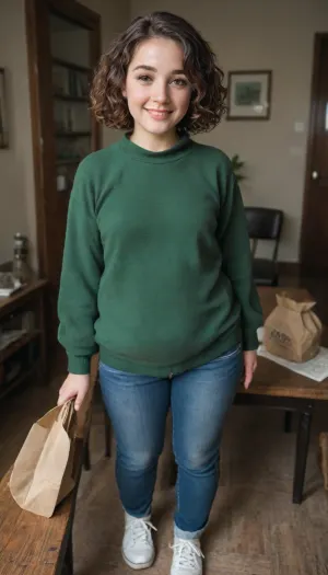 shy 28 year old woman, (smiling), (turned back to viewer), (room with cheap desk), ((well-built figure with slightly chubby legs)), (normal upper body), (short girl), (short brown wavy hair), (curly bobcut), (short dark brown hair), ((standing insecurely)), small breasts, flat chest, (dark green cashmere pullover:1.1), (dark green jumper), (emerald pullover), (wearing blue jeans and white sneakers), (well-built upper body), (looks into a paper bag on the table:1.2)