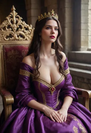 queen, female, reddish-purple, long gown, large bust, intense expression, gold tiara, dark hair, purple lipstick, angry, medieval, sitting, castle, impressionist, hyperrealistic, detailed, clothing, fashion, jewelry, drapery, over-the-shoulder, golden accents