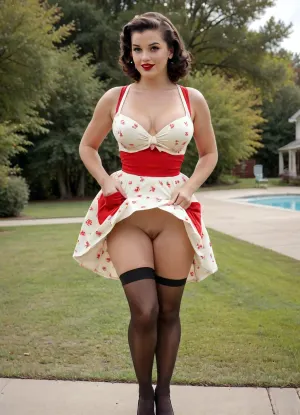 (((1950 pinup style))), painted style, outdoors, swinger dress, 1950s dress, 1950’s dress, pantyless, painted, watercolour, (brunette hair), black stockings and garter, american woman, curly messy Bob cut, gigantic boobs, very lush tits, 90E-cup tits, big breasts, Ad, Americana, Style, vintage, advertisement, retro, 1950's, windyupskirt, photography, <lora:windyupskirt_SDXL:.5>, <lora:1950s_Photography_XL_V1:.5>