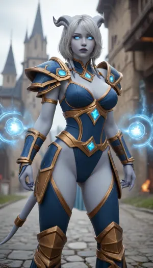 (((world of warcraft female draenei))), (((very light blue skin))), white hair, ((white eyes)), big breasts, perfect ass, (standing in stormwind), ((paladin armor)), from front, (dynamic sexy pose), ((healing spell))