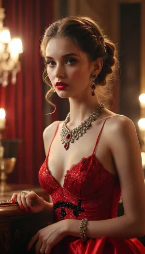 Rating_explicit, score_9, score_8_up, score_7_up, (masterpiece, ultra-detailed, erotic glamour), a stunningly beautiful woman wearing a red shimmering evening gown with a jeweled waist belt, lifting the front of her dress to reveal black lace panties, seen from a low angle, intricate braided updo hairstyle, dramatic evening makeup, glossy red long fingernails, luxurious diamond and ruby jewelry set, (necklace, earrings, bracelet), seductive gaze, high heels, smooth glowing legs, cinematic soft lighting, elegant pose, photorealistic, ultra high detail, 8k, fashion editorial style, glamorous atmosphere, <lora:MJ52:.8>