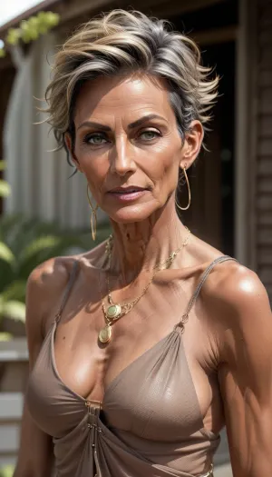 1girl on wooden motor boat, naked mature milf woman, (53 years old:1.5), ((very dark tanned)), very exhausted face, european, ((elegant mohawk hair)), dark blonde, big green eyes, long slim neck, (long narrow face with a defined jaw line and high cheek bones, prominent jawbone:1), athletic sinewy tall body, hip chain, (flat greek sandals:.9), flat breasts, ((hip chain)), anklet, green nails, pubic hair, vascular, ((long legs:1)), (toe rings), high arches, glowing skin, (soft morning light), outdoor, deck, hamptons, Martha’s Vineyard, New England, standing at the deck, (large gold arm cuffs), (large gold ankle cuffs), green luxury leather harness, uberfit, muscular, athletic, look, at, my, prompts, stephruhl, s0fie_m, bounty4483b, bs_indiasummer, <lora:weight_slider_v2:-1>, <lora:age_slider_v20:2>, <lora:FDSkinDetails:.6>, <lora:epiCRealismHelper:.8>