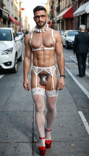 front view, masterpiece, from front, in street, lot of men in the street, Full Body in view, people on the street are amazed and embarrassed, embarrassed crowd people, wearing white satin push bra, 55 years old muscular man gay, with beard, black short haircut, wearing glasses, angular jawline, muscular hairy sissy boy, buzz-cut haircut, flat hairy chest, men face, 55 years old man gay, sissy man gay masculine body, hairy body, hairy hands, hairy legs, his cock and balls locked in a metal chastity cage, hyper realist, gay masculine hairy body, short black haircut, short black buzz-cut haircut, ashamed, humiliated, his penis in a large metal chastity cage, metal chastity cage, he wearing a large big white satin push bra, metal collar, penis locked in chastity metal cage device, hairy chest guy, 55 years old man gay muscular man gay, wearing harness garter straps, wearing black satin gloves with white ruffle lace, wearing brown nylon shiny stockings, with white sheer double lace band, wearing black satin garter belt straps, with white ruffle lace, he wearing high platform red shoes, high heels stiletto platform shoes, on a street, no clothes, naked, reveal his cock in a metal chastity cage, white satin push bra, white high heels, wearing high heels red platform fetish stiletto shoes, wearing satin white bra, wearing brown oily nylon shiny fully fashioned stockings with double wide black band, wearing metal shiny Collar with huge metal padlock, wearing white satin Garter Straps, white nylon shiny fully Fashioned Stockings, black satin bra, wearing large white satin push bra, push bra with wide large straps, large band white satin bra with wide large straps and stockings and heels, wearing white ruffle satin sheer gloves, penis Locked in chastity metal cage device, metal cock chastity cage, full body in view, full model in view