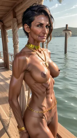 1girl on wooden motor boat, naked mature milf woman, (51 years old:1.2), ((very dark tanned)), very exhausted face, european, ((elegant mohawk hair)), dark blonde, big green eyes, long slim neck, (long narrow face with a defined jaw line and high cheek bones, prominent jawbone:1), athletic sinewy tall body, hip chain, (flat greek sandals:.9), flat breasts, ((hip chain)), anklet, green nails, pubic hair, vascular, ((long legs:1)), (toe rings), high arches, glowing skin, (soft morning light), outdoor, deck, hamptons, Martha’s Vineyard, New England, standing at the deck, (large gold arm cuffs), (large gold ankle cuffs), green luxury leather harness, uberfit, muscular, athletic, look, at, my, prompts, stephruhl, s0fie_m, bounty4483b, bs_indiasummer, <lora:weight_slider_v2:-1>, <lora:age_slider_v20:2>, <lora:FDSkinDetails:.6>, <lora:epiCRealismHelper:.8>