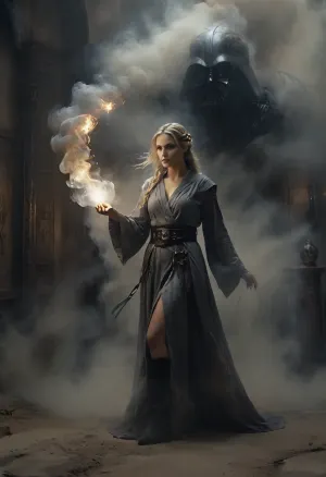 Uber realistic, 8k, ultra detailed, masterpiece, Star wars blonde woman, (flat-chested:.7), slender, female, hair with a long braid, grey sexy robes, black belt, black boots, perfect face, glowing eyes, full Body Photo in sci fi setting, Future, Star wars, In the background a shadowy ghostly apparition of Darth Vader appears oversized and threatening in the thick smoke, Black, and, white, art, black, shading, charcoal, toned, brutal, dark, b/w, color, scheme, cloudy, smoke, atmospheric, clouds, fog, duel, magical, fire, magic, spell, fireball, element, water, ball, orb, air, wind, earth, rock, plant, sand, TIE, fighter, <lora:Black and white art.V1:.6>, <lora:Cloudy_Style:1>, <lora:Magical duel - SDXL v2.0:.8>, <lora:TIE fighter:1>, <lora:Aether_Ghost_v1.1_LoRA:.1>