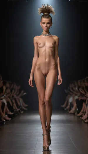 one fashion modell, 21 years, nude full body is visible, very thin, (((super skinny))), best quality, ultra-detailed, masterpiece, finely detailed, highres, 8k wallpaper, (very stylish mohawk haircut), slim body, updo mohawk stylish hair, light brown hair, tiny tits, tits out, breasts viewable, on a catwalk, 1girl Victoria's Secret Fashion Show, (high heels:1.5), Victoria's Secret Fashion clothes, ((shiny clothes)), (squatting:.9), (spreads legs:1.7), wide view, (naked vagina:1)