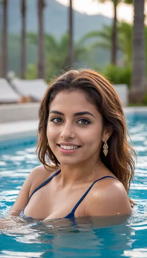 very sexy young girl 21 y.o. with very very long silky auburn tousled wavy hair, wet hair, tan skin, very tan skin, Persian Indian origin, boobs poping, pussy visible, pubic hair, ahegao expression, posing for the camera, giving different modeling pose, she is wearing beautiful jewellery, fashionable, crazy, cheerful, diamonds jewellery, emarald jewellery, earrings, necklace, arm Bands, she has sharp features, (she is doing yoga), named PRIYANKA, she has DARK blue expressive eyes, large pupils, fit, smokey makeup, shadows, eyelids, oiled skin, sexy smile, inviting for sex, Floating on the water, ((She is swimming in infinity pool)), submerged in the water, her body is in water, surrounded by water, IN THE WATER, WATER HAS Reflections, evening sunset, exotic resort, amazing view, surrounded by people, crowed area, music playing, lot of her friends are surrounding her, touching her, (small round breasts:.9), pointed nipples, geezer, cheeky, very confident, high libido, physical yoga teacher, schemer, lover of reading and chatting, love traveling, dreamy, batrobe, portrait, hands on ass, view from back, smiling, in the room, instagram photo, photorealism, tall girl, model, posing, seductive, full body view, wide angle lens, 50mm lens, large field of depth, aperture 11, Adobe photoshop filter sharpen 100 2px