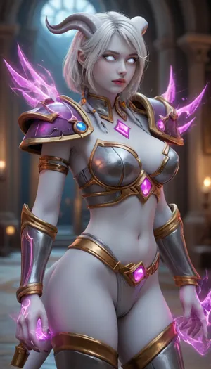 (((world of warcraft female draenei))), (((very light blue skin))), white hair, ((white eyes)), big breasts, perfect ass, (standing in stormwind), ((paladin armor)), from front, (dynamic sexy pose), ((healing spell))