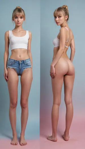 (masterpiece, ultra-detailed, best quality), photo-realistic, hyper-realism, clear image, full body shot, cute, pretty, 20years old, girl standing, (rear body), rear view, naked, barefoot, pretty slim face, blonde hair, bangs, (too skinny:1.2), tanned skin, slender body, small breasts, small ass, (same person, same pose, same angle), (2Split screens, 2split views, onoff:1.2), (wearing denim jeans and white t-shirt), (simple light-blue and pink background), ass up, ass facing the viewer, legs apart, BREAK, <lora:OnoffXL_ExtraCrispy:.7>