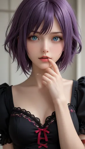 rosario+vampire, shirayuki mizore, 1girl, breasts, solo, short hair, blue eyes, purple hair, looking at viewer, orgasming, mouth open in pleasure