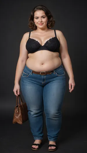 The image features a fat, obese, mature married lady, Full body portrait, (plain blank black background), (overweight:1.4), She has striking light green eyes that are looking directly forward, with a smile. her lips are big, plump and juicy. Her facial features are chubby, and she looks like an average woman with a natural complexion. She has curly, brown hair with visible streaks of gray, suggesting a more mature age, 60 years old. wearing a bra, Her hair is parted slightly to her right and falls over her shoulders. She has wide hips, fupa. Chubby pelvis. Plump waist., Her body figure is fat, with breasts that are sagging in a bra, Below the bra, the top portion of what appears to be highwaist blue jeans or denim pants is visible, with a dark belt. Her hands are resting near her waist, and in her left hand, she seems to be holding a purse. She is wearing a wedding ring with a big diamond on her left hand ring finger, perfect hands with some colorful marks on her fingertips, potentially from paint. The overall impression is one of a woman with a confident and mature presence. 4k epic detail, shot on kodak, 35mm photo, sharp focus, high budget, cinemascope, moody, epic, gorgeous