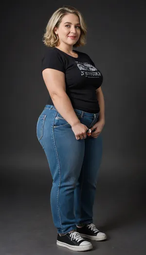 The image features a fat, obese, mature gilf. Armenian, Full body portrait, (plain blank black background), . She has striking light green eyes that are looking directly forward, with a smile. her lips are big, plump and juicy. Her facial features are soft, and her skin appears smooth with a natural complexion. She has long, light brown hair with visible streaks of gray, suggesting a more mature age, 60 years old. Her hair is parted slightly to her right and falls over her shoulders. She has wide hips, fupa. Chubby pelvis. Plump waist., (Fupa), Her body figure is plump, with breasts that are not obscured by a bra, as indicated by the distinct outline of her nipples through her gray v-neck t-shirt. The t-shirt is a solid, medium heather gray color, with thin cotton material, form-fitting, and has short sleeves. The v-neck cut is deep, drawing attention to her décolletage. Below the t-shirt, the top portion of what appears to be highwaist blue jeans or denim pants is visible, with a dark belt. Her hands are resting near her waist, and in her left hand, she seems to be holding a purse. She is wearing a wedding ring with a big diamond on her left hand ring finger, perfect hands with some colorful marks on her fingertips, potentially from paint. The overall impression is one of a woman with a confident and mature presence. 4k epic detail, shot on kodak, 35mm photo, sharp focus, high budget, cinemascope, moody, epic, gorgeous
