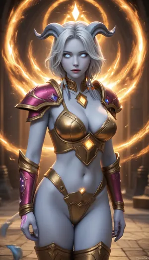 (((world of warcraft female draenei))), (((very light blue skin))), white hair, ((white eyes)), big breasts, perfect ass, (standing in stormwind), ((paladin armor)), from front, (dynamic sexy pose), ((healing spell))