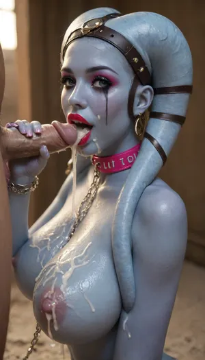 Masterpiece 3/4 portrait, (((Fwip Garsa blue skin twi’lek alien from Star Wars))), 40 years old, (((sexy twi'lek MILF))), mature, tall, slim, graceful, elegant, classy, (((completely blue skin, blue skin face))), blue skinned legs, blue skin arms, best quality, masterpiece, POV view, high resolution, rough skin, detailed eyes, (((big huge fake tits topless:1.5))), (((bdsm slave collar))), (((man pulling chain leash:1.5))), ultra deep tanned, broad shoulders, big tits, beautiful detailed eyes, depth blur, visual key, vibrant, very detailed, inside a desert adobe hotel lobby, choker, opulent jewelry, soft and warm lighting, luxury details in the background, ultra-detailed, sophisticated ambiance, smiling at the viewer, accurate hands, detailed fingers, happy smiling, (((slutty bimbo heavy eyeshadow, mascara, lipstick:1.5))), (((giving a handjob:1.5))), 1man, penis, (((angled side view))), (((excessive cum in mouth, cum dripping from face, cum on tits)))