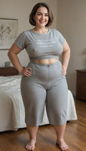 Full portrait picture of a curvy 70 year old mature woman, gilf, in a living room, plump waist, thick, big fupa, cameltoe, wide hips, heather grey t-shirt, high waist heather grey shorts, fat round face, (really saggy tits), light eyes, bob cut brunette with highlights hair, slicked-back hair, wide bowed lips, lips parted, smiling, laugh lines, wrinkles around eyes, drooping saggy c-cup torpedo tits, fully dressed