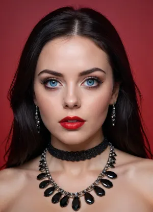 Long straight black hair thick voluminous, dyed in the style of "Black Panther", lingerie bra, Black with thin red strands near the face. Large diamond necklace, diamond is between breast, Big diamond, chokers, body ornaments and chains, (Big breast:1.2), ** Several thin red strands located near the face add brightness and individuality to the image, . ITALIAN GIRL BIMBO BEAUTIFUL 25+, BIG BLUE EYES, professional photo, red glossy background, cinematic style, only face and shoulders are visible, depth of field, detail, Canon EOS M50 Mark II, ISO range, 100-25600, focal length, 15-45mm Ultra