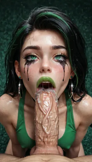 1girl, @shego, kneeling, deepthoat, irrumatio, facefuck, massive cock in throat, throat bulge, full blush, drooling, cheek bulge, tears, tearing up, saliva, ruined makeup, running makeup, smeared green lipstick on cock, huge thick cock, male POV