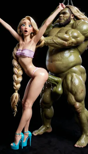 side view, in the castle, fuck from behind, suspended doggystyle sex, legs dangling in the air, rapunzel, lean body, (miicrobody:1.3), cutie, (ultrashort chested:1.2), impossible fit, erect nipples, pink miicro tube top, underboob, pink miicro panties, white platform heels, collarbone visibleir, (waspwaist:1.3), blonde, arched back, bending over, gigantic monster man, man extremely taller than rapunzel, (man much taller:1.3), carrier suspended doggystyle sex, legs bent in the air, arms in the air, gigantic orc with monster cock next to her, massive monster cock, anal sex destroyed asshole cock bulge all the way through, crushing Rapunzel, kneading the ass, twitching, bouncing line ass, motion effects, sound effects, moans, open eyes, wide eyes, shiny skin, glowing skin